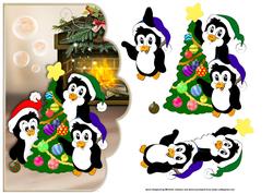 Penguins Dressing the Tree Scallope Edge Curve Card