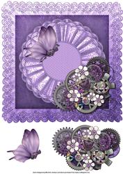 Purple Steampunk Butterfly and Cogs 8 x 8 Card Front