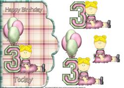 Age 3 Birthday Girl Scalloped Edge Curve Card