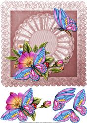 Pink and Blue Butterflies and Flowers 8 x 8 Card