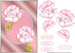 Christmas Birds Pink Card Front with Decoupage