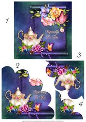 Teapot and Flowers Shell Edge Corner Stacker Card