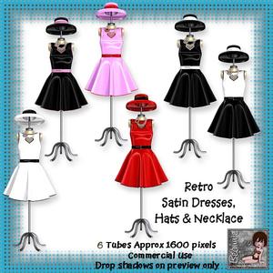 6 Retro Satin Dresses with Hat and Necklace Poser Tubes