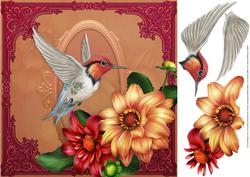 Hummingbird and Dahlias 8x8 Card Front