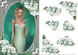 Lady in an Elegant Green Dress and Roses