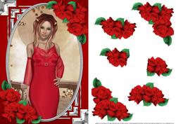 Lady in an Elegant Red Dress and Roses