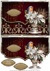 Christmas Robin and Poinsettia Fancy Edge Faux Envelope Card