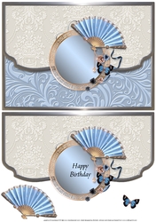Fan And Butterflies Scalloped Edge Faux Envelope Card Birthday Blue