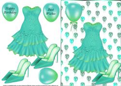 Green Party Dress Quick Card Front with Decoupage