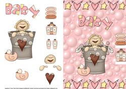New Baby Girl Bathtime Quick Card Front Woth Decoupage