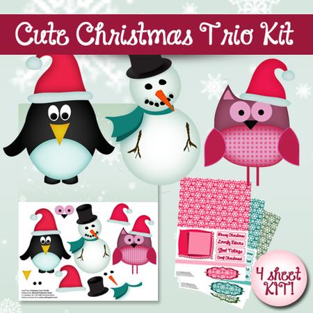 Cute Christmas Trio Card Kit with Snowman, Penguin & Owl