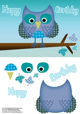 Ditsy Blue Birthday Owl A5 Quick Decoupage Card