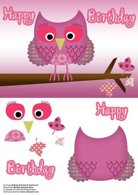 Ditsy Pink Birthday Owl A5 Quick Decoupage Card