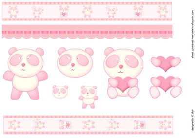 Pink Panda Bear Decoupage Toppers & Ribbon Borders
