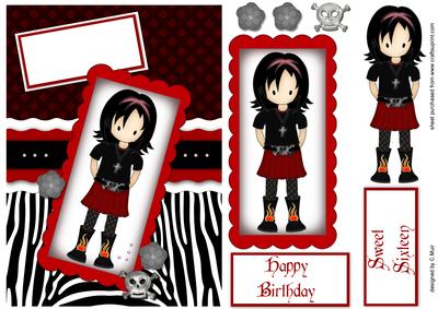 Emo or Goth Girl Birthday Card in Red and Black