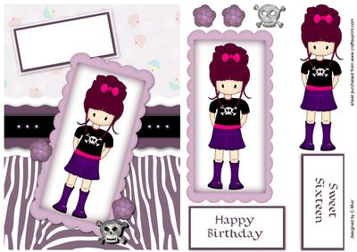 Emo or Goth Girl Birthday Card in Pink and Purple