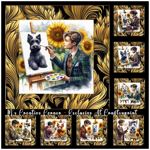 cup1383202_2246 - DR 8 DIFFERENT CARD FRONT/TOPPERS MALE PAINTING HIS DOG ( SCOTTISH TERRIER)