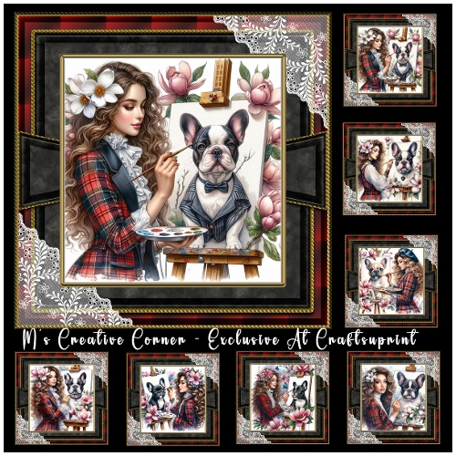 cup1383209_2246 - DR 8 DIFFERENT CARD FRONT/TOPPERS FEMALE PAINTING HER DOG ( FRENCH BULLDOG))