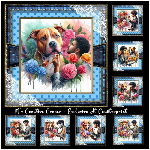 cup1383245_2246 - DR 8 DIFFENT CARD FRONT/TOPPERS WIT MALE PAINTING HIS AMRICAN STAFFORDSHIRE TERRIER