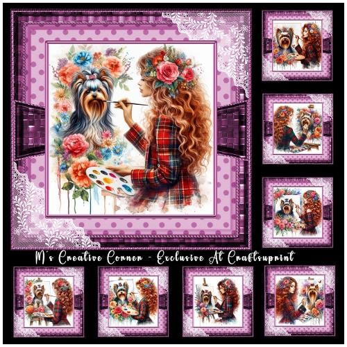 cup1383379_2246 - DR 8 DIFFENT CARD FRONT/TOPPERS WIT FEMALE PAINTING HER YORKIE