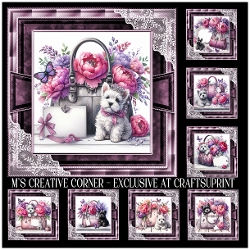 Image of cup1380956_2246 - DR 8  CARD FRONT/TOPPERS WITHDIFFERENT HANDBAGS SOTTISH TERRIER & PEONIES