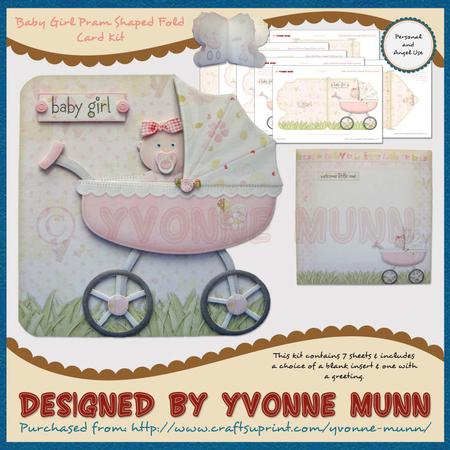 Baby Girl Pram Shaped Fold Card Kit
