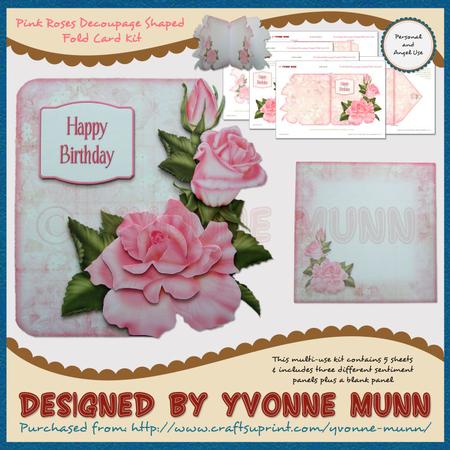 Pink Roses Decoupage Shaped Fold Card Kit