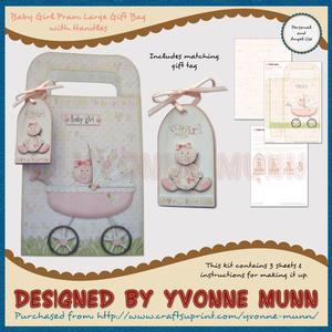 Baby Girl Pram Large Gift Bag with Handles