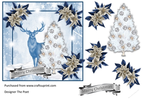 Blue Sparkle Stag Merry Christmas 2 Quick card decoupage sheet