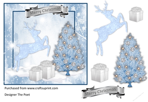 Blue Sparkle Stag Merry Christmas 1 Quick card decoupage sheet