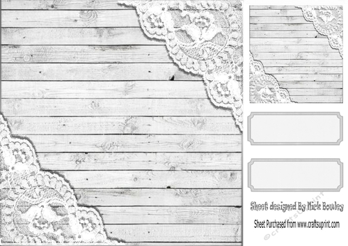 Grey Wood and lace corners 8x8 card front