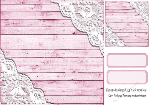 Pink Wood and lace corners 8x8 card front