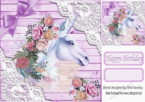 Lilac Wood and lace corners 8x8 card front with water colour unicorn