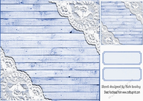 Blue Wood and lace corners 8x8 card front