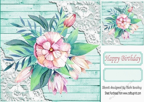 Turq Wood and lace corners 8x8 card front with Hibiscus flowers