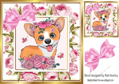 Cute Corgi dog in frame of pink roses 8x8