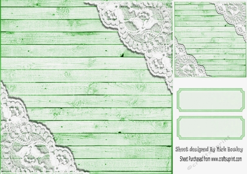 Green Wood and lace corners 8x8 card front