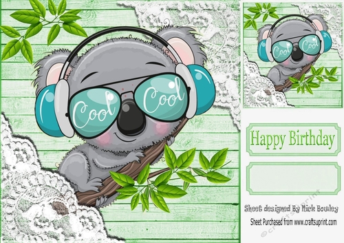 Green Wood and lace corners 8x8 card front with cool koala