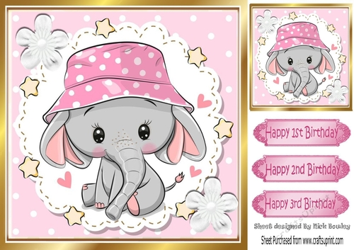 cute ele in pink  dot sun hat with stars 8x8