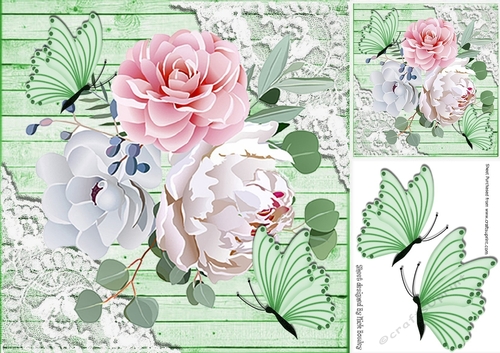 Green Wood and lace corners with pretty delicate roses 8x8 card front