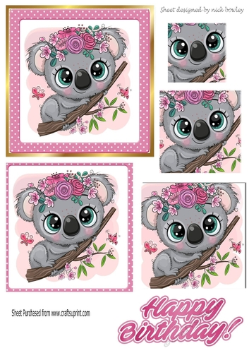 Cute Koala bear with roses and pink polkadot frame square pyramids