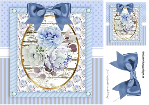 Pretty blue roses in ornate frame with bow 8x8