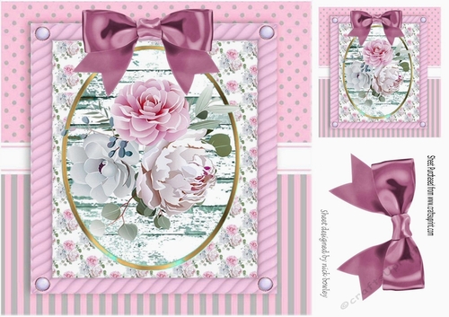 Pretty pink roses in ornate frame with bow 8x8