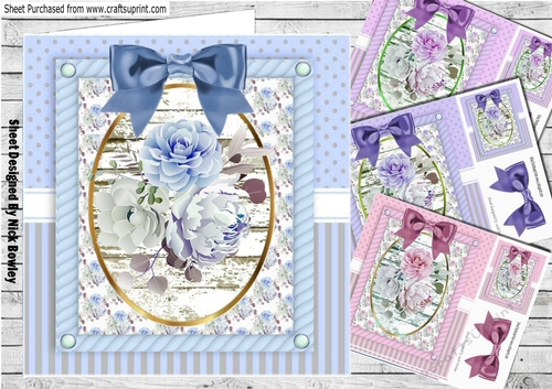  4 Pretty roses in ornate frame with bows card fronts 8x8 mini kit