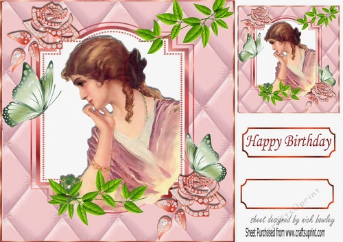 Pretty vintage lady in pink ornate frame with diamante roses 8x8