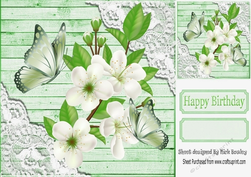Green Wood and lace corners with pretty white flowers 8x8 card front