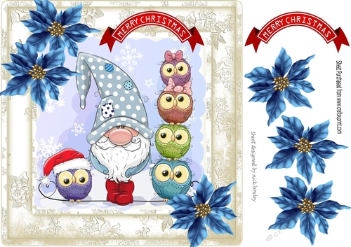 Cute Christmas owls with elf and blue poinsettias 8x8