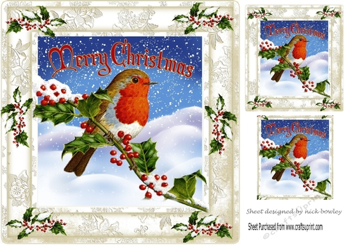 Pretty robin on a branch of holly with snow & berries 8x8