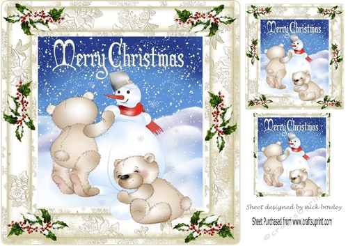 cute teddy bears and snowman playing in the snow 8x8
