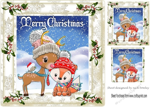 cute little reindeer and fox together in the snow 8x8